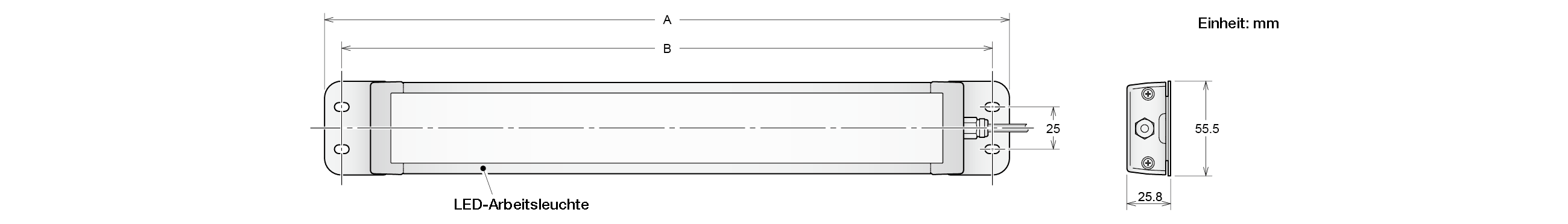 Maßzeichnung: LED-Arbeitsleuchte auf flachen Endhalterungen mit Gesamtlänge A, Baulänge B, 25 mm Lochabstand und einer Halterung von 55,5 × 25,8 mm, Einheit mm