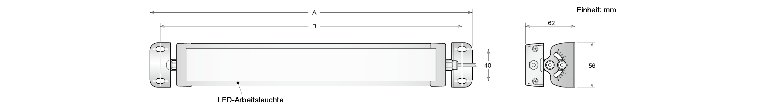 Maßzeichnung: LED-Arbeitsleuchte auf winkelverstellbaren Halterungen mit Gesamtlänge A, Baulänge B, 40 mm Lochabstand und einer Halterung von 62 × 56 mm, Einheit mm