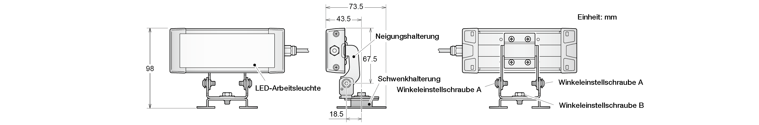 Maßzeichnung: LED-Arbeitsleuchte auf Neigungshalterung und Schwenkhalterung in drei Ansichten, Gesamthöhe 98 mm sowie 73,5 / 43,5 / 67,5 / 18,5 mm, mit den Winkeleinstellschrauben A und B, Einheit mm